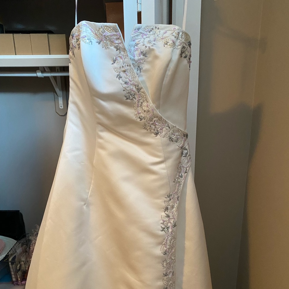 Strapless wedding dress.